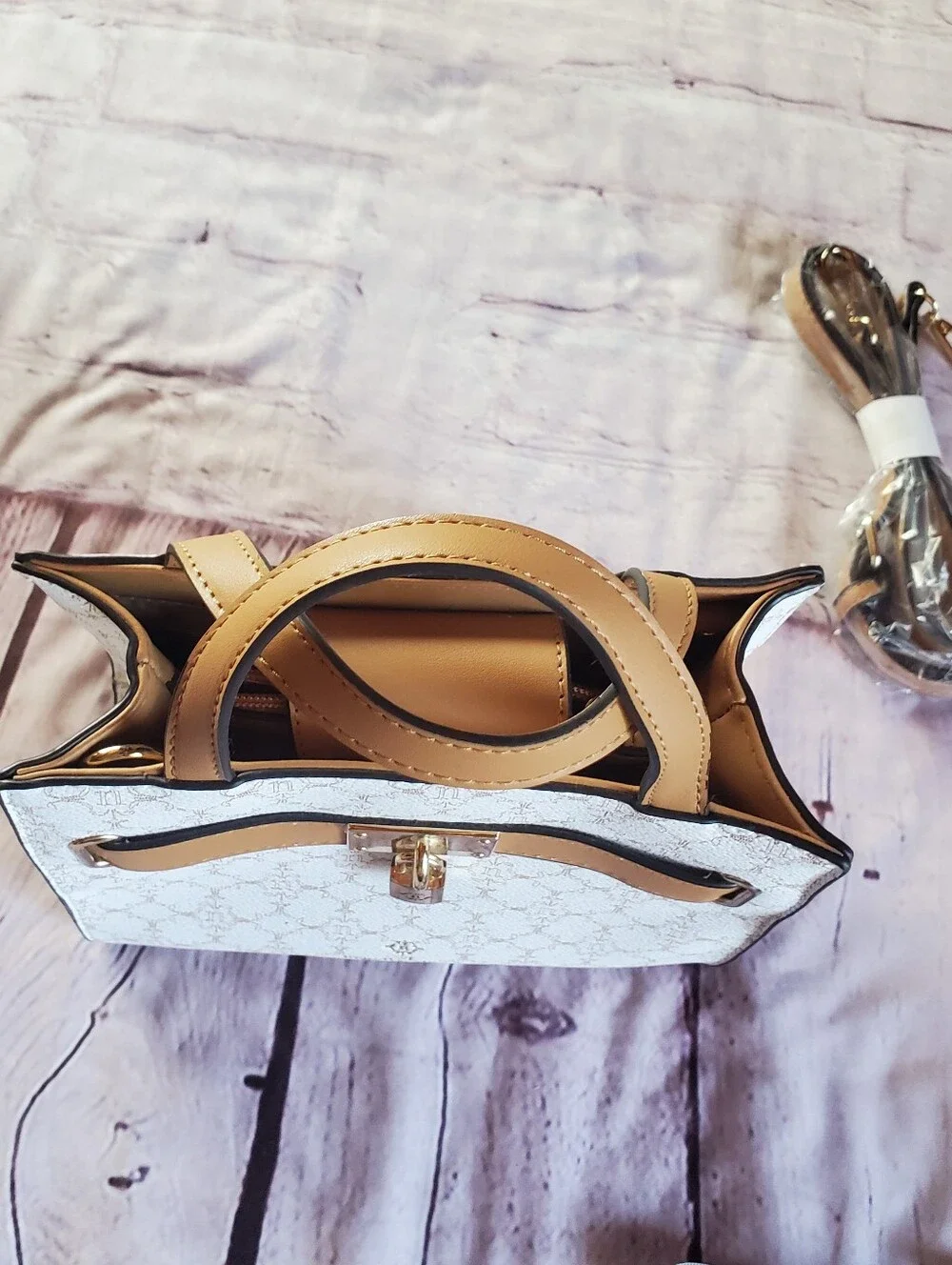 Nanette Lepore White & Tan Shoulder Bag With Lock Accent Preppy Office Career